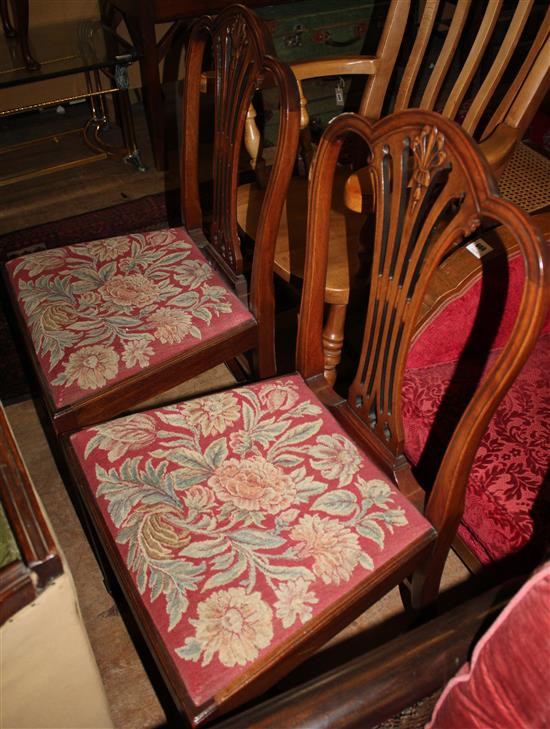 Pair Hepplewhite style dining chairs with tapestry upholstered seats and a caned seat chair (3)(-)
